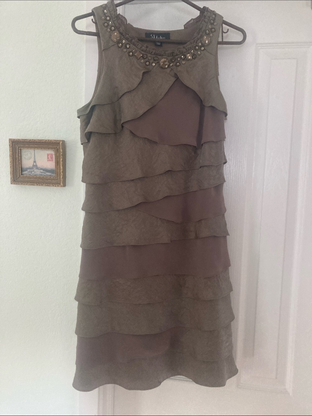 S.L. Fashion Tiered Ruffle Dress with Beaded Neckline